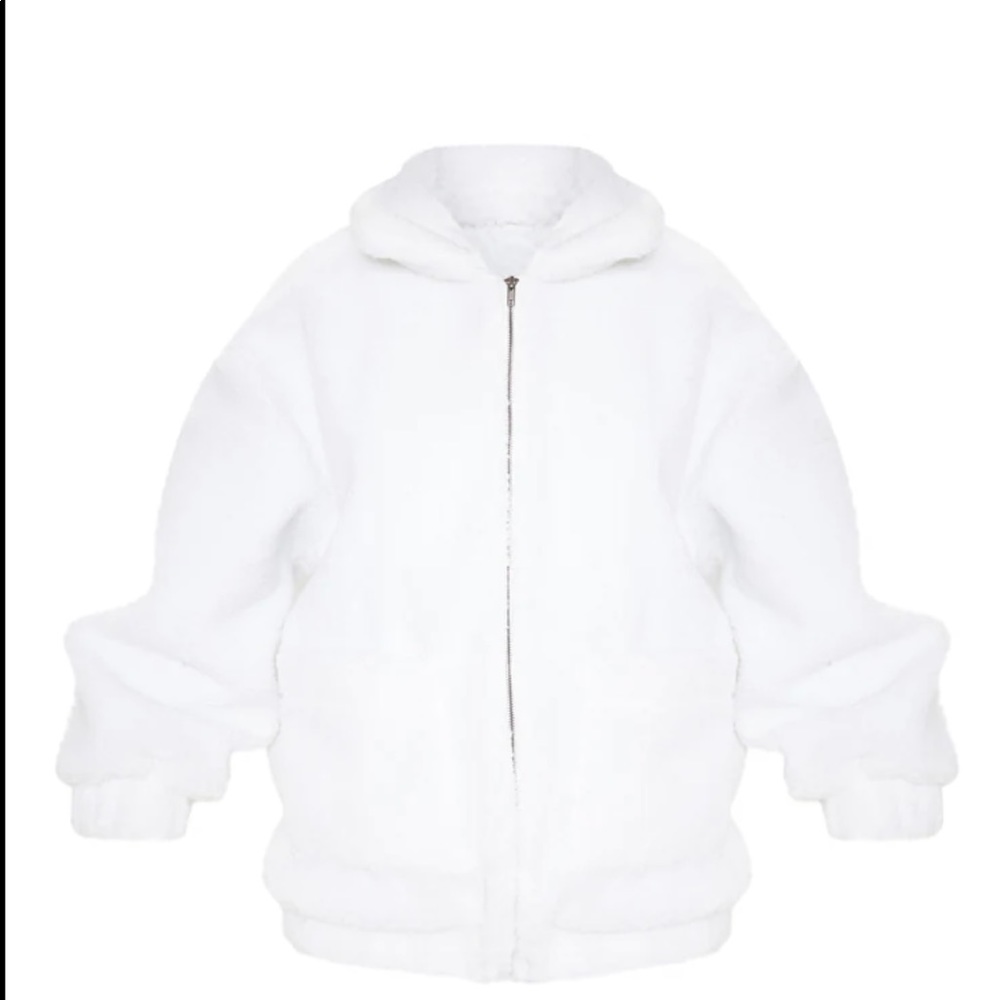 Pretty Little Thing White Oversized Borg Pocket Front Coat Size 10